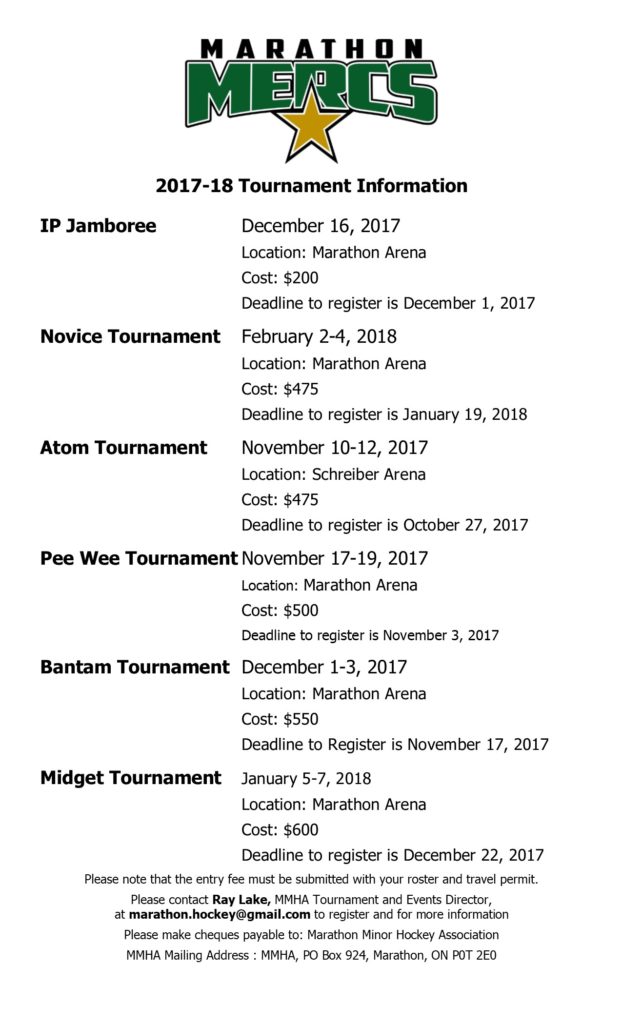 Tournaments Marathon Minor Hockey Association